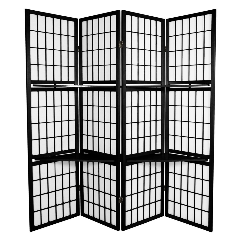 5.5 ft Tall Black Window Pane Room Divider with Shelf - 4 Panel Oriental Furniture for Living Room, Bedroom & Office Space Partition