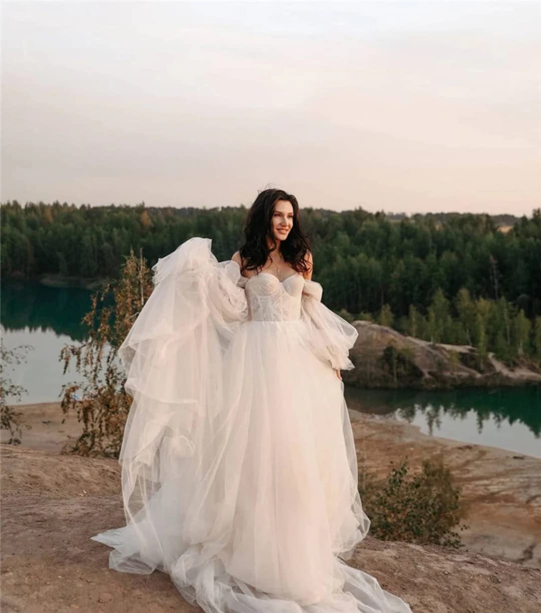 XYAYE Off Shoulder Long Sleeve Lace Wedding Dress with Train - Elegant Tulle Bridal Gown for Bride | Perfect for Church Ceremony, Beach Wedding & Romantic Photoshoot