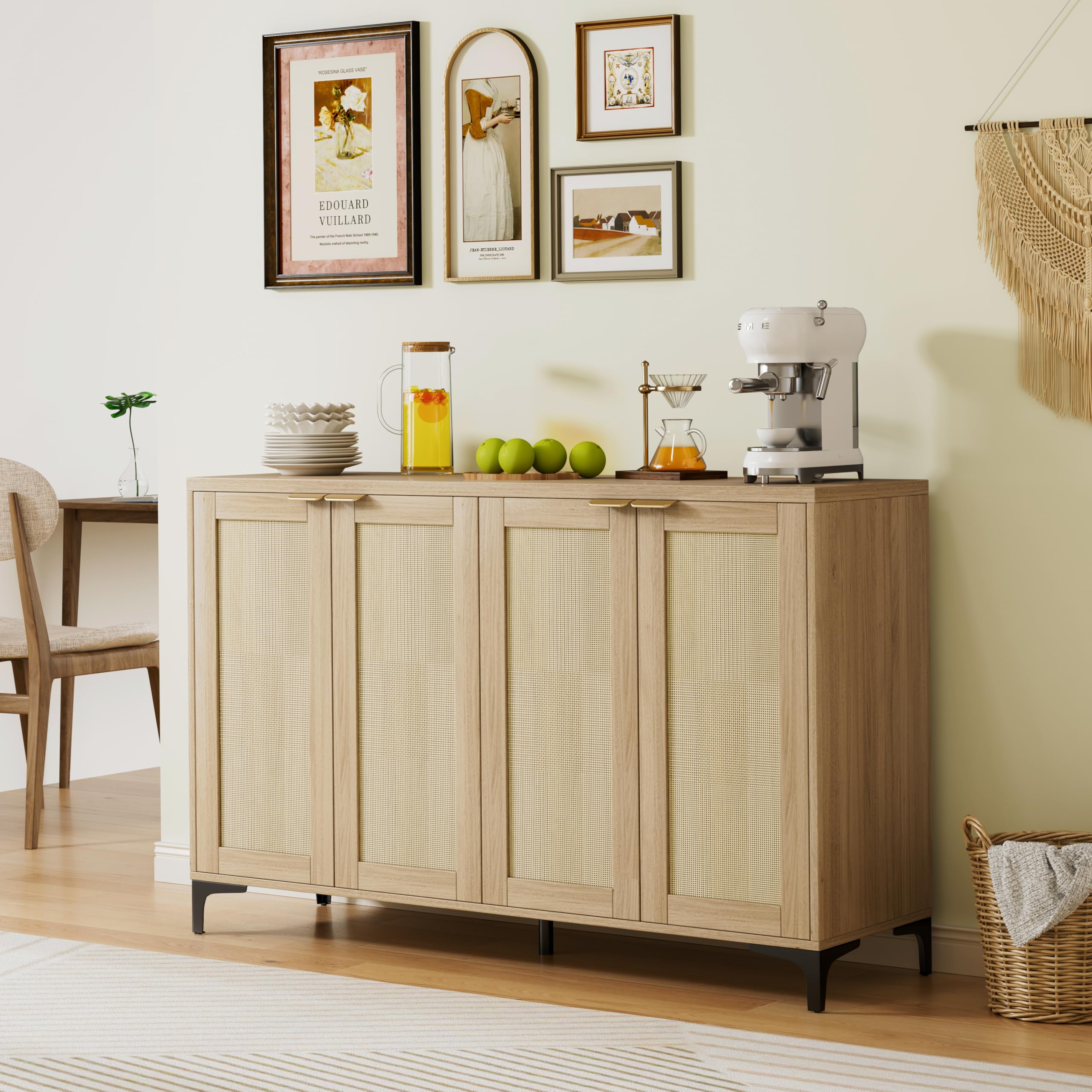 Rattan Sideboard Buffet Cabinet with 4 Doors, Adjustable Shelves & Metal Feet - Natural Wood Storage Console for Dining Room, Living Room | Perfect for Home Decor, Entertaining Guests & Organizing Dishes
