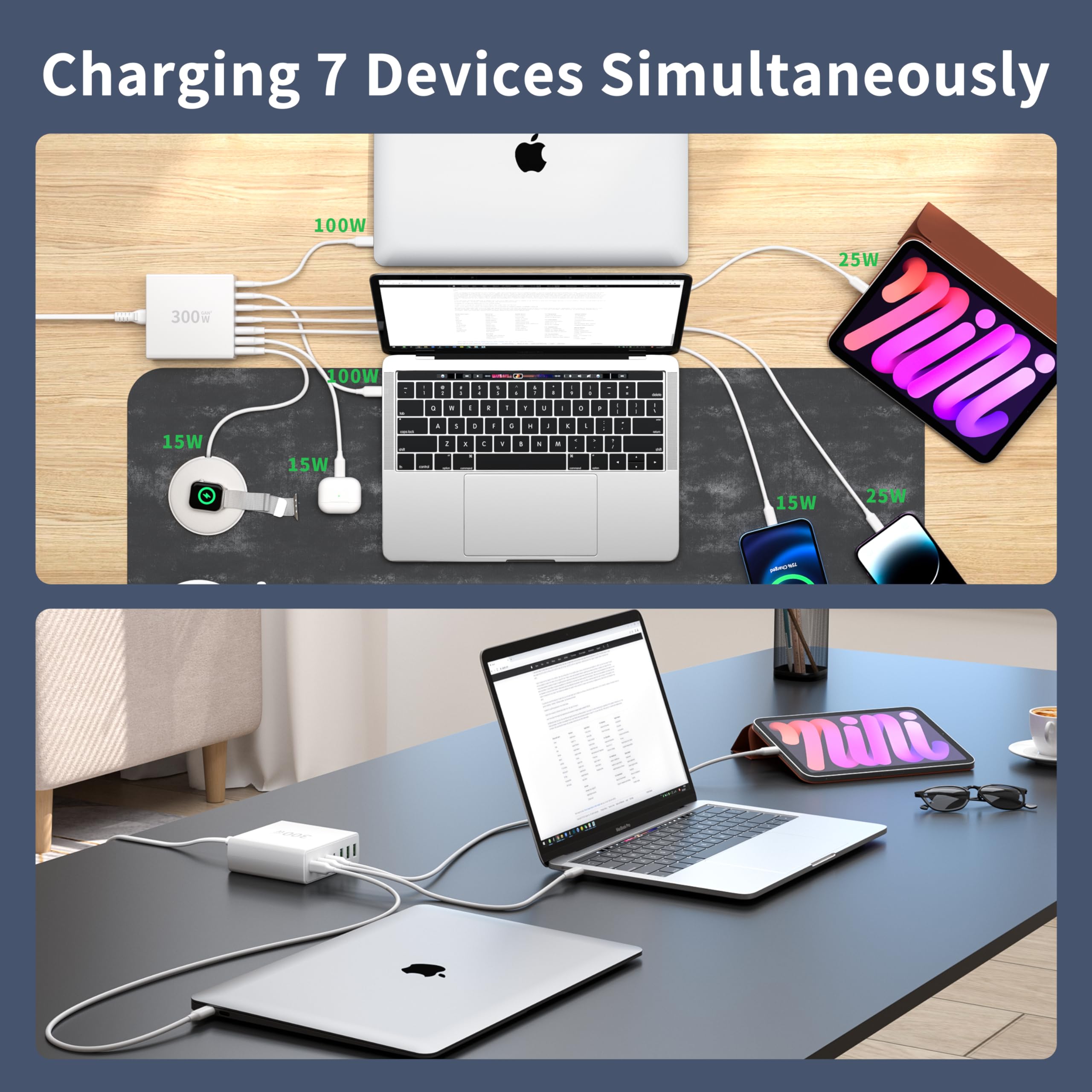 300W USB C Fast Charger Block - 7 Port Fast Charging Station with Dual PD PPS 100W for iPhone 15/14/Pro Max/12, Galaxy Note23, MacBook Pro/Air, iPad, Dell, HP, Surface Laptops | Perfect for Home, Office & Travel (White)
