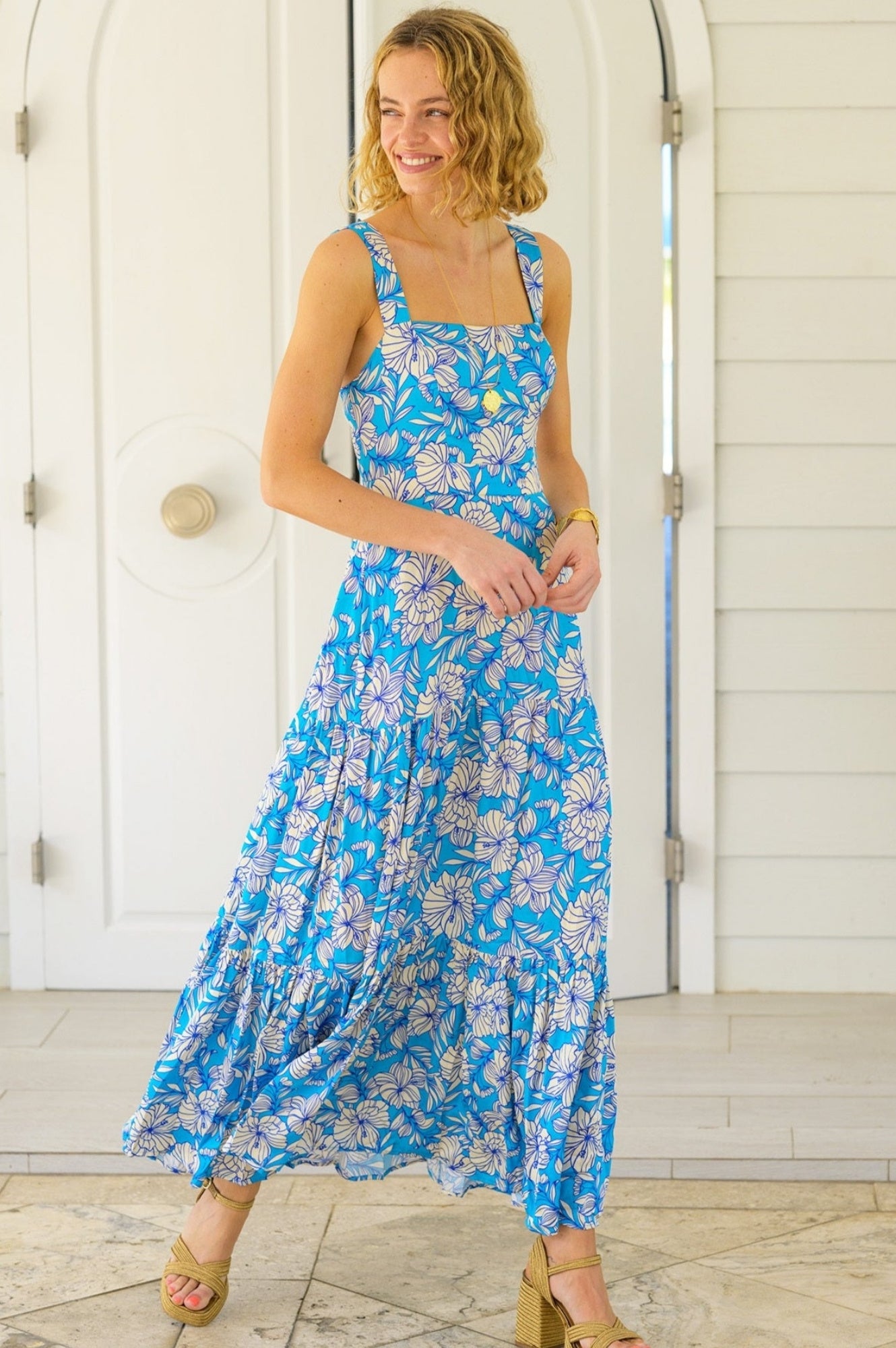 Aurelia Satin Floral Dress - Lined Turquoise and Cream Midi Dress for Women | Perfect for Weddings, Parties & Special Occasions