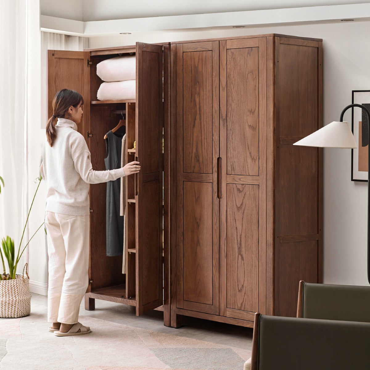 Solid Oak Wood Wardrobe in Walnut Finish - Stylish and Durable Closet Storage for Bedroom, Living Room, or Walk-in Closet