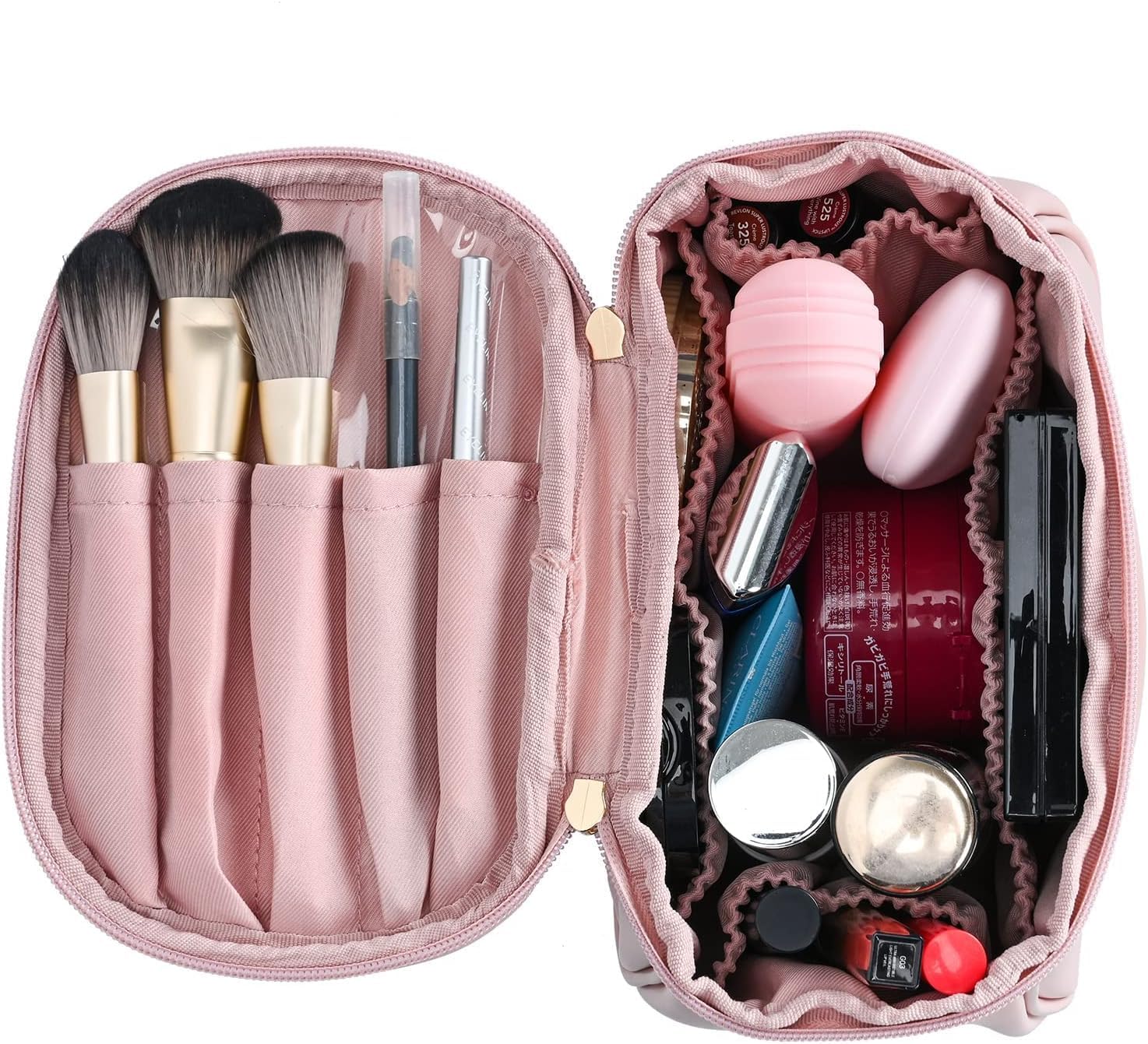 Jukkre Large Capacity Cosmetic Travel Bag for Women - Leather Makeup Organizer with Handle & Divider, Wide Opening Portable Toiletry Bag (Pink) - Perfect for Travel, Gym & Daily Makeup Storage