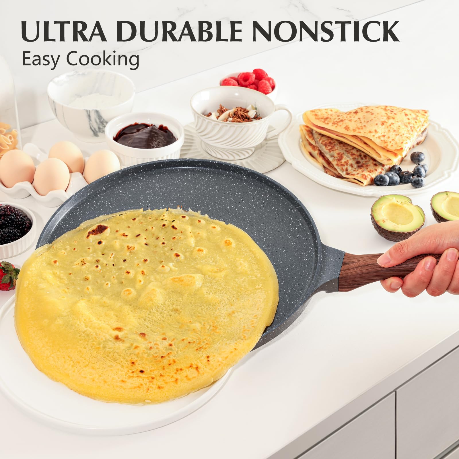 **SENSARTE 10-Inch Nonstick Crepe Pan - Swiss Granite Coating, Induction Compatible, PFOA Free - Perfect for Pancakes, Dosas, Flatbreads & More**    **Use Cases:** Ideal for making crepes, pancakes, dosas, omelets, quesadillas, and other delicate dishes with effortless nonstick performance.