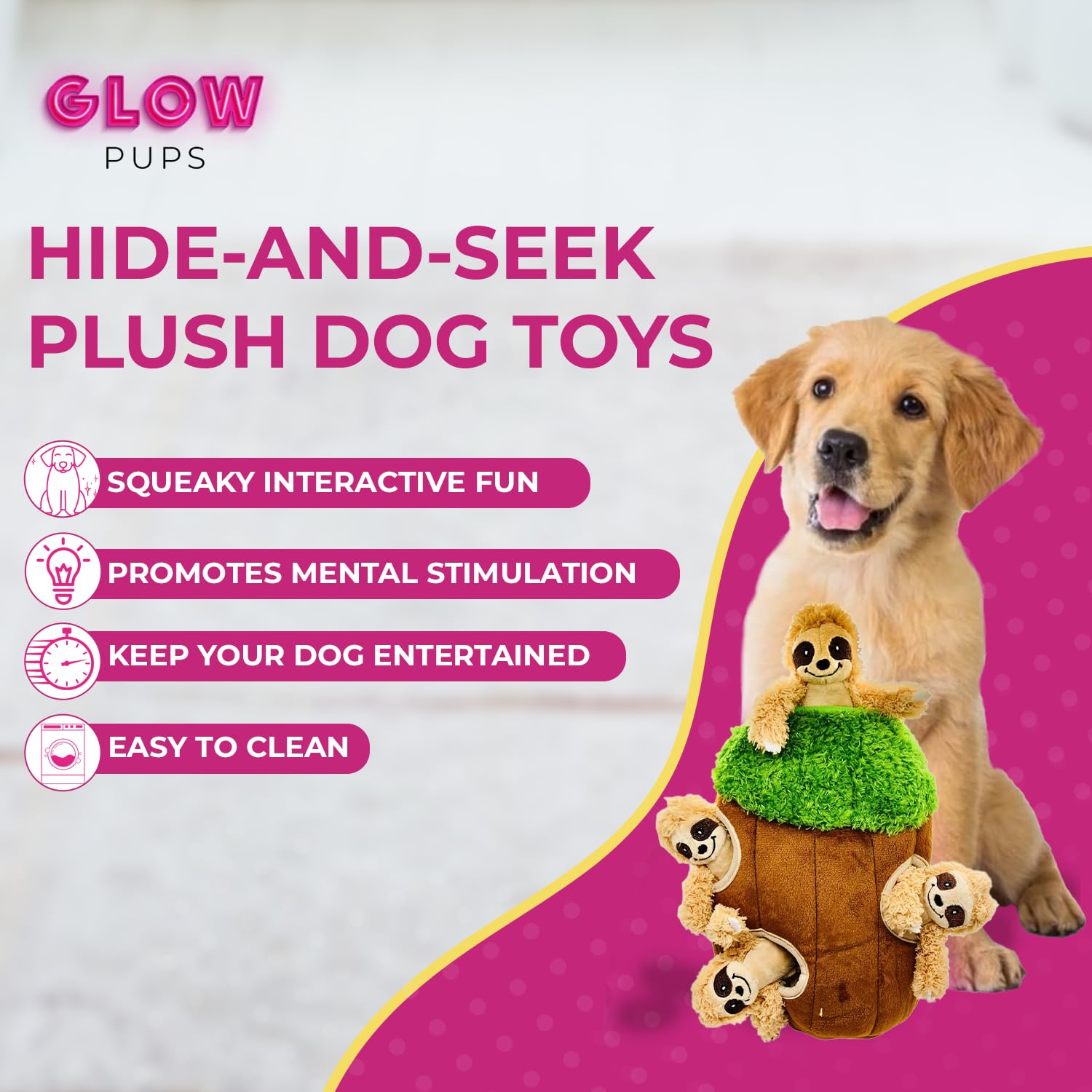 Interactive Plush Sloth Hide & Seek Dog Toy with Squeaker - Fun Burrow Game for Small & Medium Dogs | Tree Trunk Design with Hidden Sloth | Perfect for Indoor Play & Training