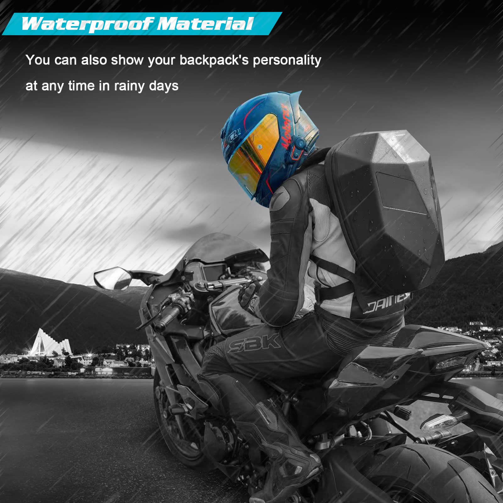 Programmable LED Motorcycle Backpack with Helmet Storage - Expandable Shoulder Bag for Hiking, Travel & Riding | Waterproof Daypack for Commuters & Outdoor Adventures