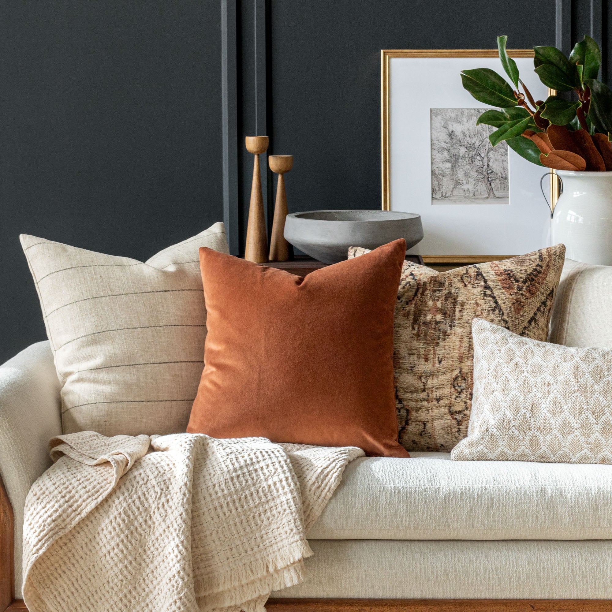 Luxury Mason Velvet 20x20 Throw Pillow Cover - Soft Decorative Square Pillow Case in Rich Cognac Brown - Perfect for Sofa, Bed, Couch & Home Decor