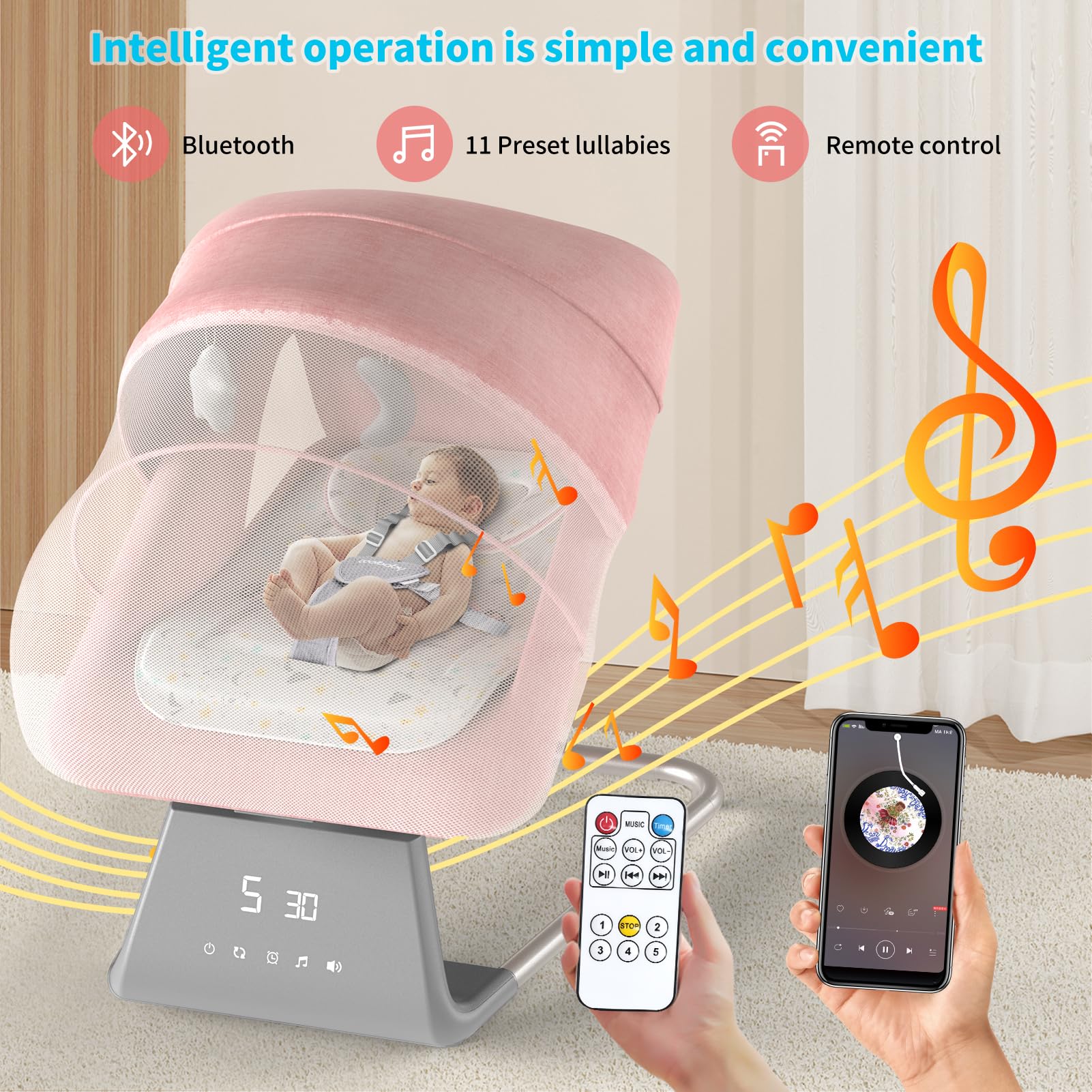 Electric Baby Swing with Bluetooth & Remote Control - 11 Soothing Lullabies, 5 Speed Settings for Newborns to Toddlers | Large Screen Infant Bouncer & Rocker for Boys & Girls | Perfect for Nursery, Daycare & Soothing Fussy Babies