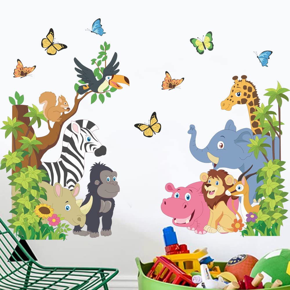 Runtoo Jungle Animal Wall Decals - Elephant, Zebra & Tree Stickers for Kids Room, Nursery Decor | Perfect for Girls Bedroom, Baby Room & Playroom Wall Art