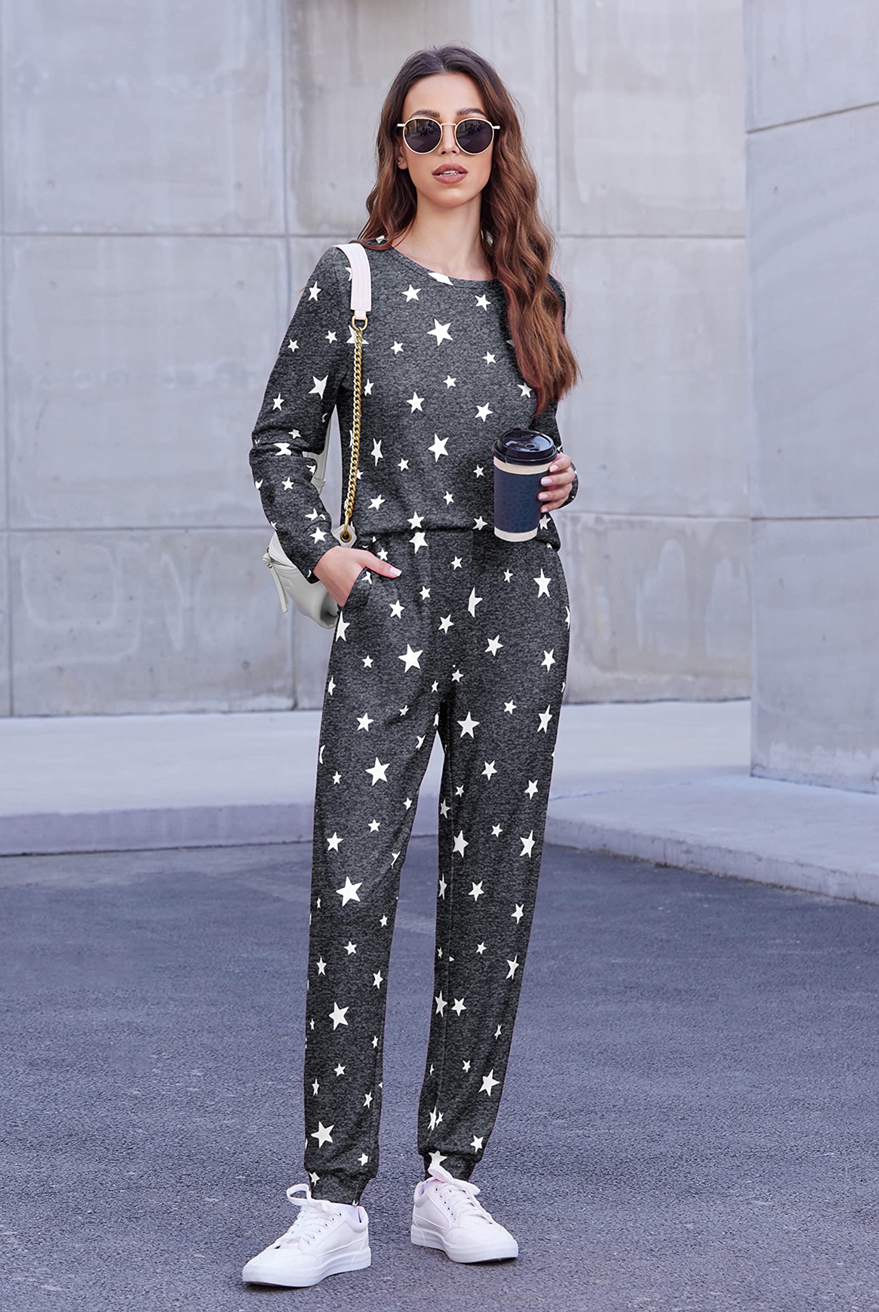Ekouaer Women's Long Sleeve Jogger Pajama Set - Soft Sleepwear with Pockets, Round Neck Lounge PJS for Nightwear & Relaxing at Home