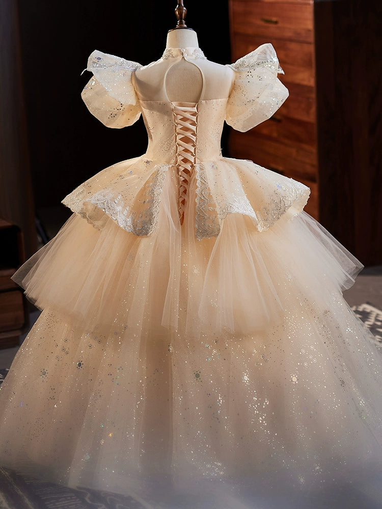 Champagne Princess Mock Neck Floor-Length Organza Flower Girl Dress for Weddings & Special Occasions - Elegant & Comfortable Formal Wear