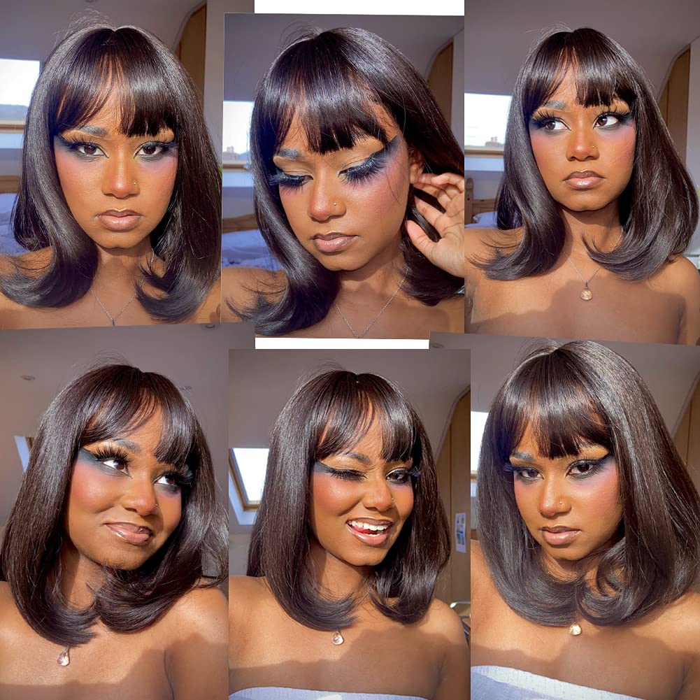 Royal Lady Brazilian Virgin Straight Short Bob Wigs with Bangs - 10 Inch Machine Made Human Hair Wigs for Women (Natural Color) | Perfect for Daily Wear, Cosplay & Fashion Styling
