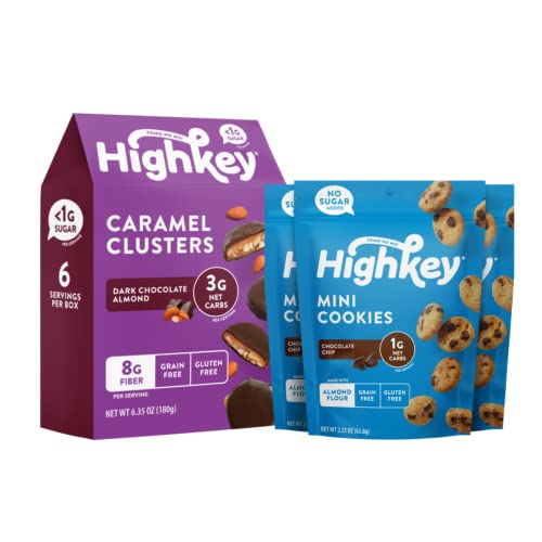 HighKey Low Carb Keto Cookies & Gluten Free Dark Chocolate Caramel Nut Clusters Bundle - Sugar Free Dessert Snacks for Weight Loss, Diabetic Friendly - Perfect for Keto Diet, Office Snacks & Gift Baskets
