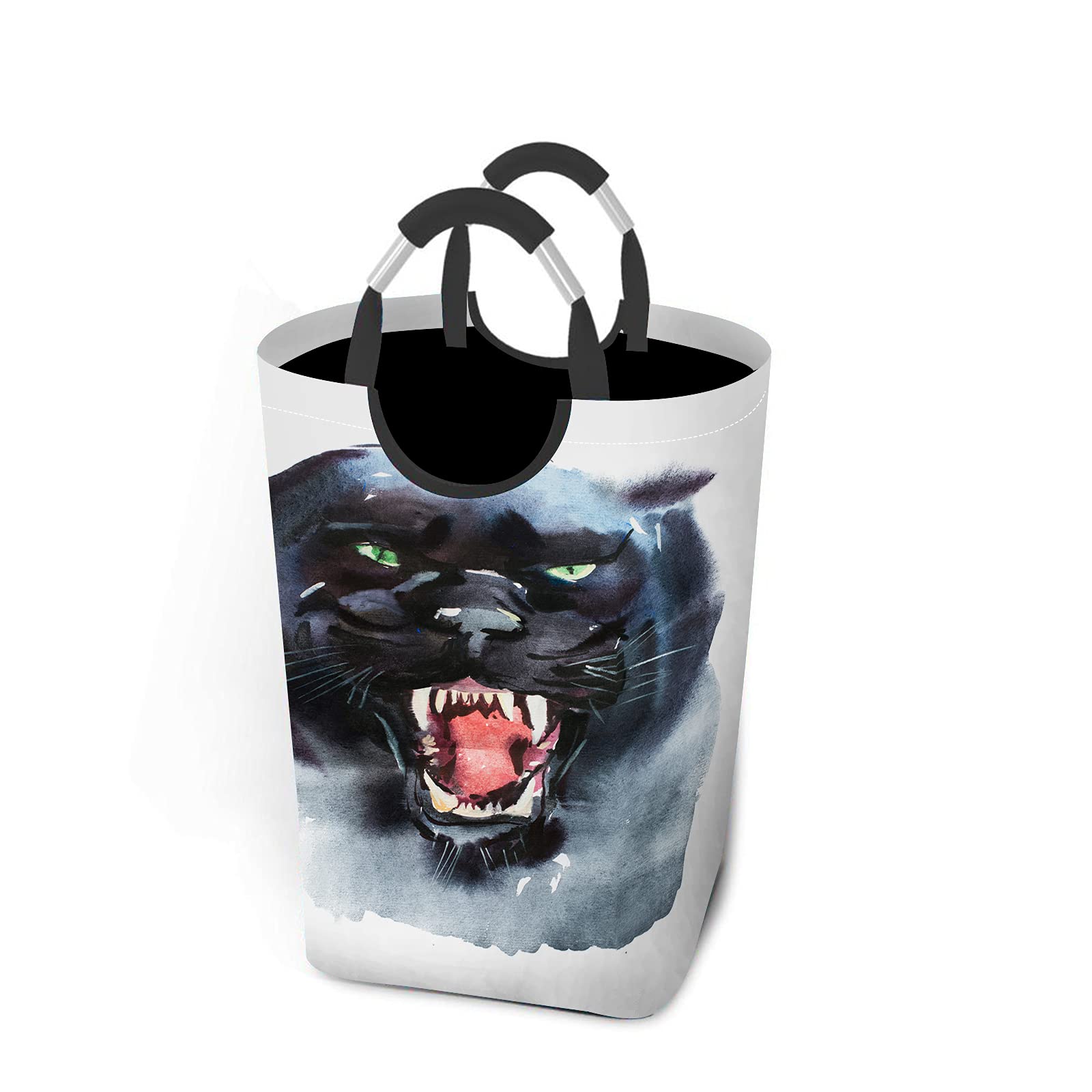 Beabes Panther Square Laundry Hamper - Watercolor Angry Panther Design with Aluminum Handle, Collapsible Storage Basket for Clothes (50L) - Perfect for Bathroom, Dorm, Closet & Bedroom Organization