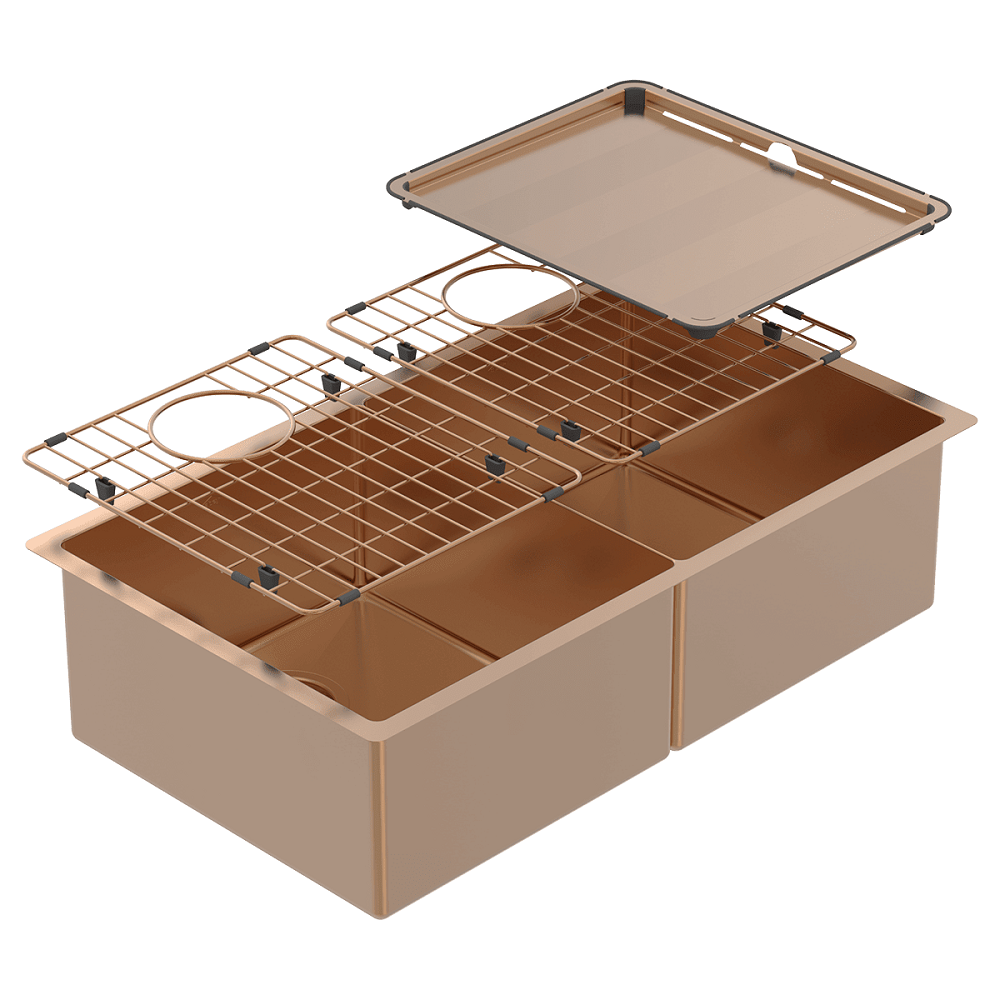 Abey Piazza Double Bowl Kitchen Sink 29.8x17.5 Inches Topmount Undermount with Drainboard & Grid Artisan Copper Finish CR340DCO - Perfect for Modern Farmhouse & Rustic Kitchen Designs
