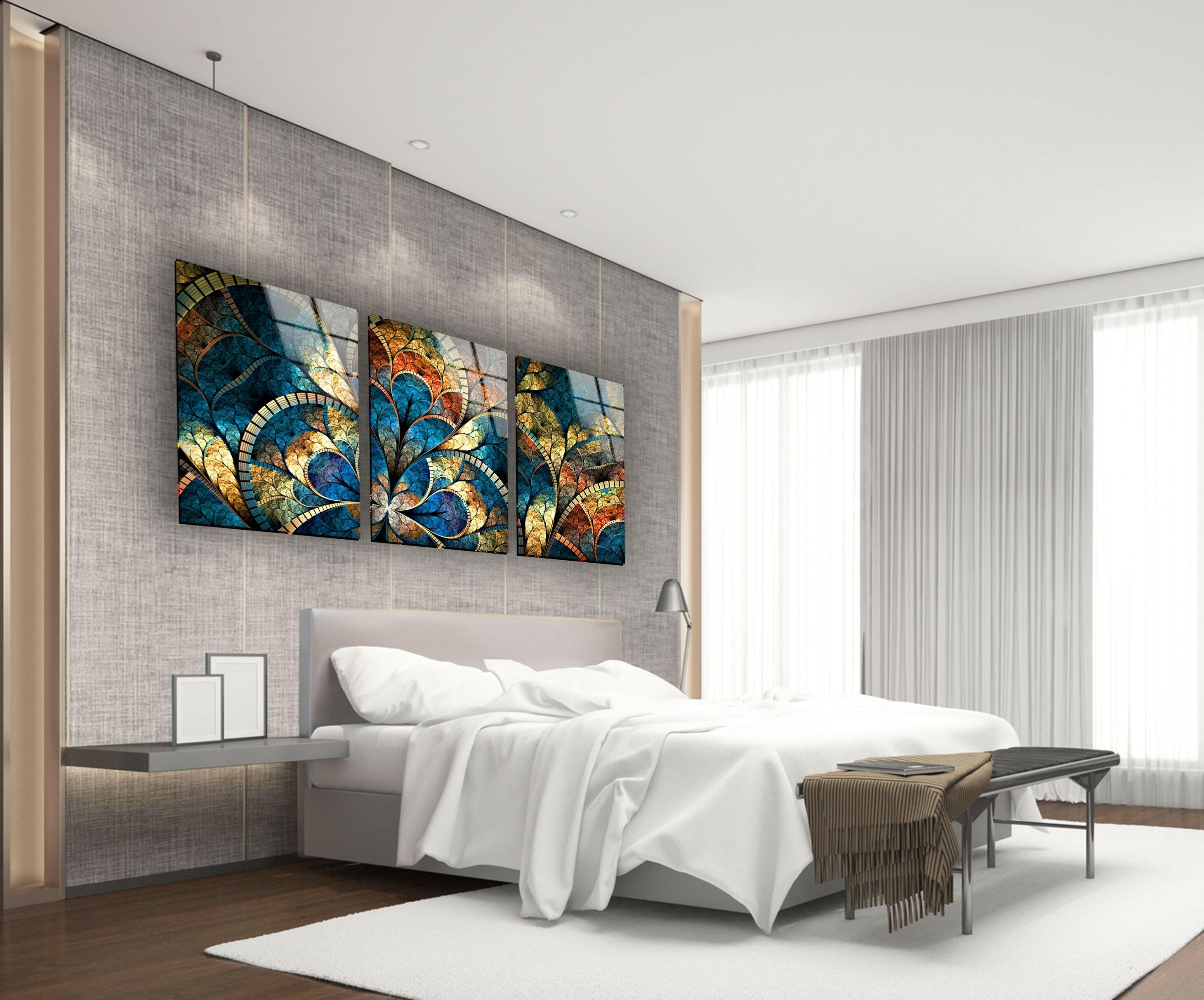 Handmade Blue Stained Floral Glass Wall Art - Elegant Home Decor for Living Room, Bedroom & Office - Perfect Gift for Housewarming & Wedding