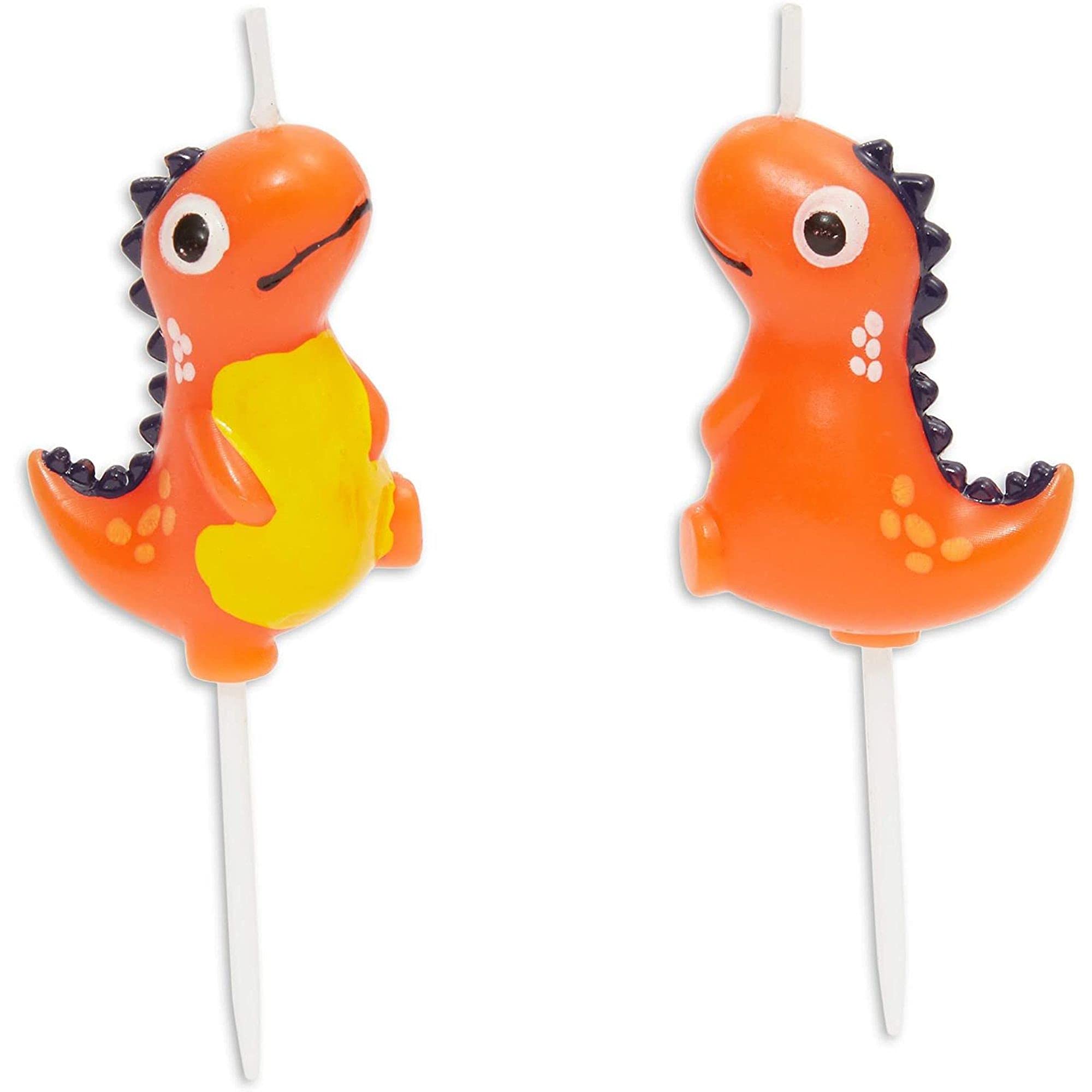 BLUE PANDA - 18-Pack 3D Dinosaur Cake Toppers with Thin Candles & Holders for Birthday Party Decorations, Dino Themed Cakes, Kids Celebrations and Special Events