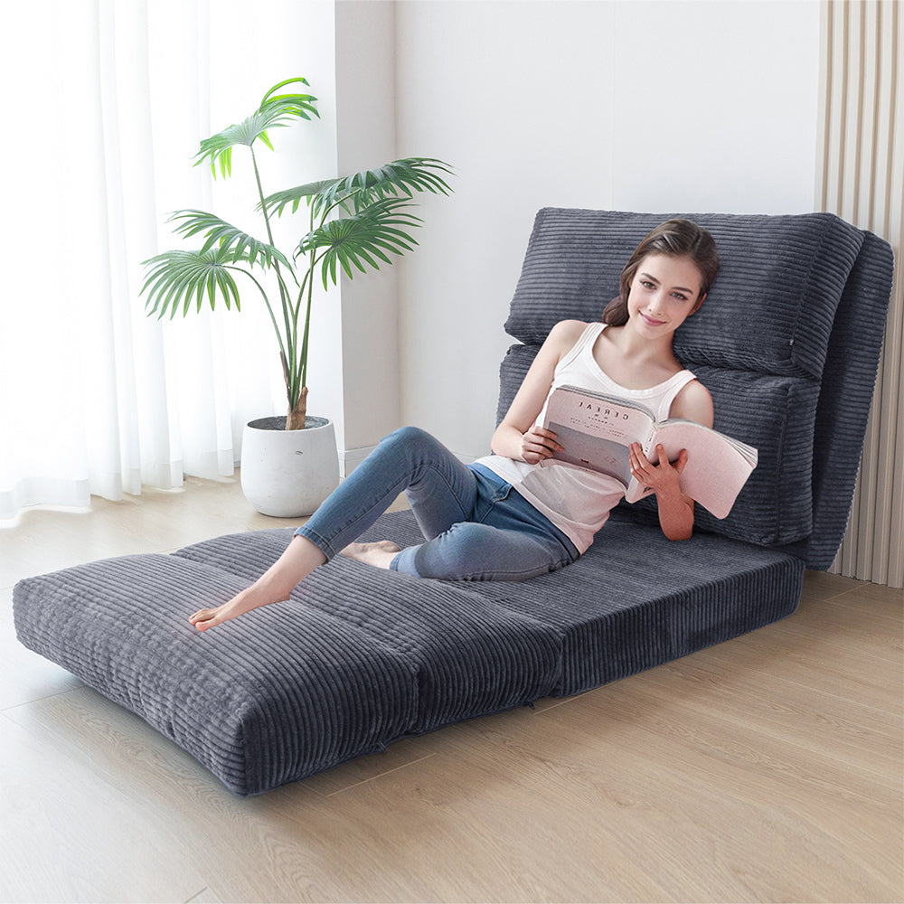 MAXYOYO Folding Sofa Bed - Extra Wide Corduroy Floor Sofa for Small Spaces, Dark Grey | Convertible Guest Bed & Lounge Chair for Apartments, Dorms & Living Rooms