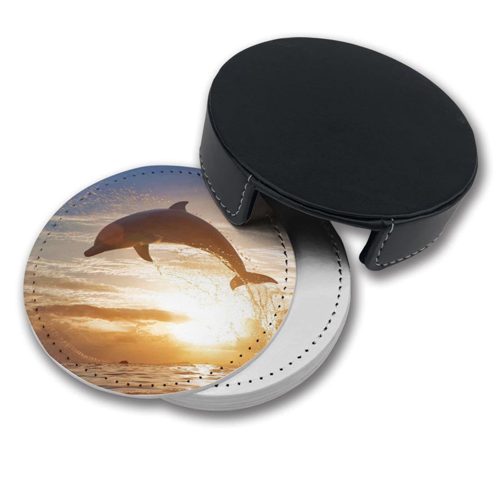 Premium Dolphin Sunrise Leather Coasters Set of 6 with Holder - Waterproof Drink Coasters for Coffee, Wine & Beer Cups - Perfect for Home, Office & Restaurant Use