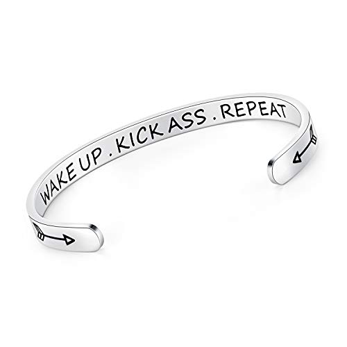 Empowering Silver Cuff Bangle for Women - Motivational Bracelet with 'Wake Up Kick Ass Repeat' Engraving | Perfect Birthday Gift for Her | Office Wear, Daily Inspiration & Special Occasions Jewelry