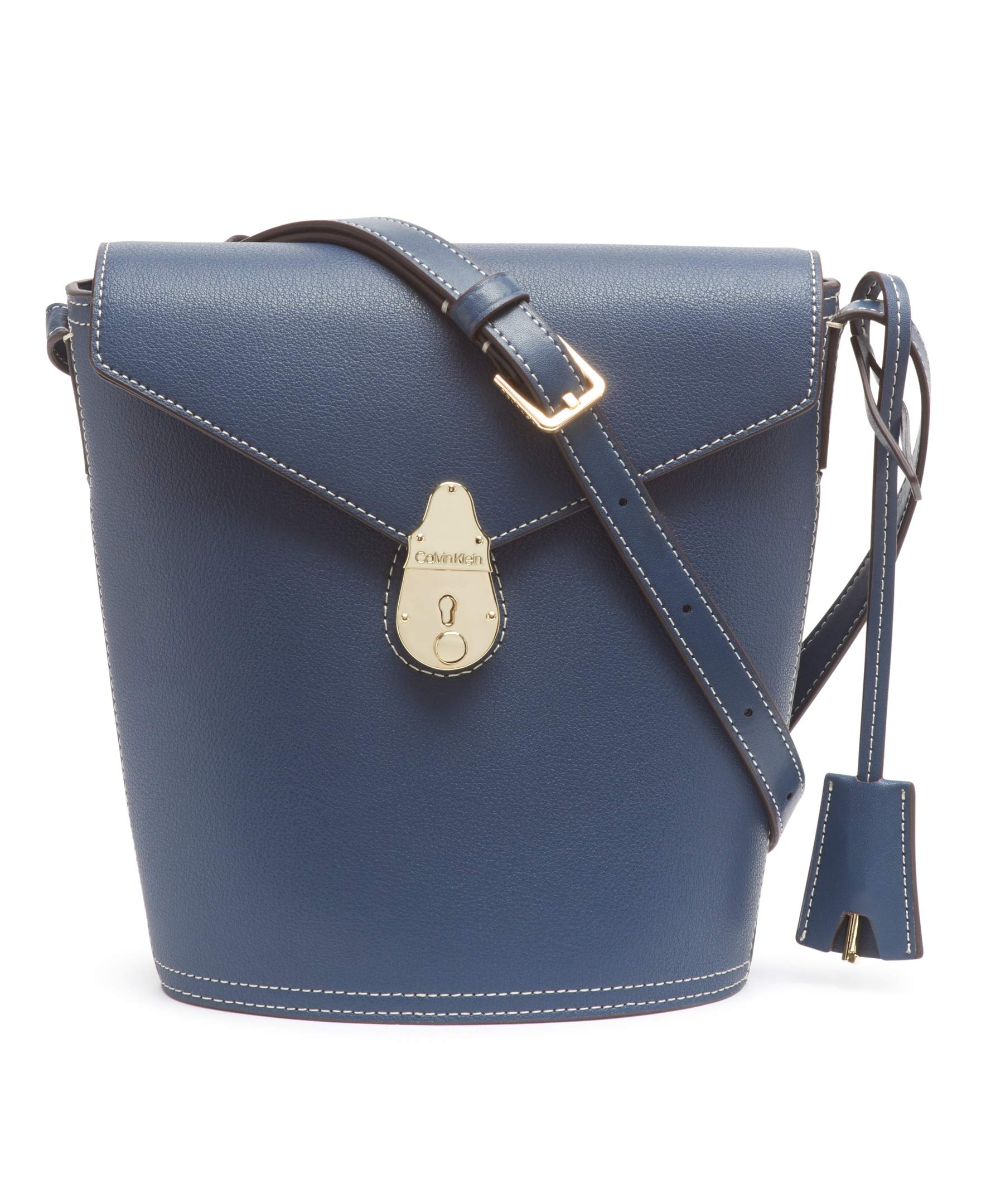 Calvin Klein Statement Series Lock Flap Daytona Leather Crossbody Bucket Bag for Women | Fashionable Shoulder Purse for Work, Travel & Everyday Use