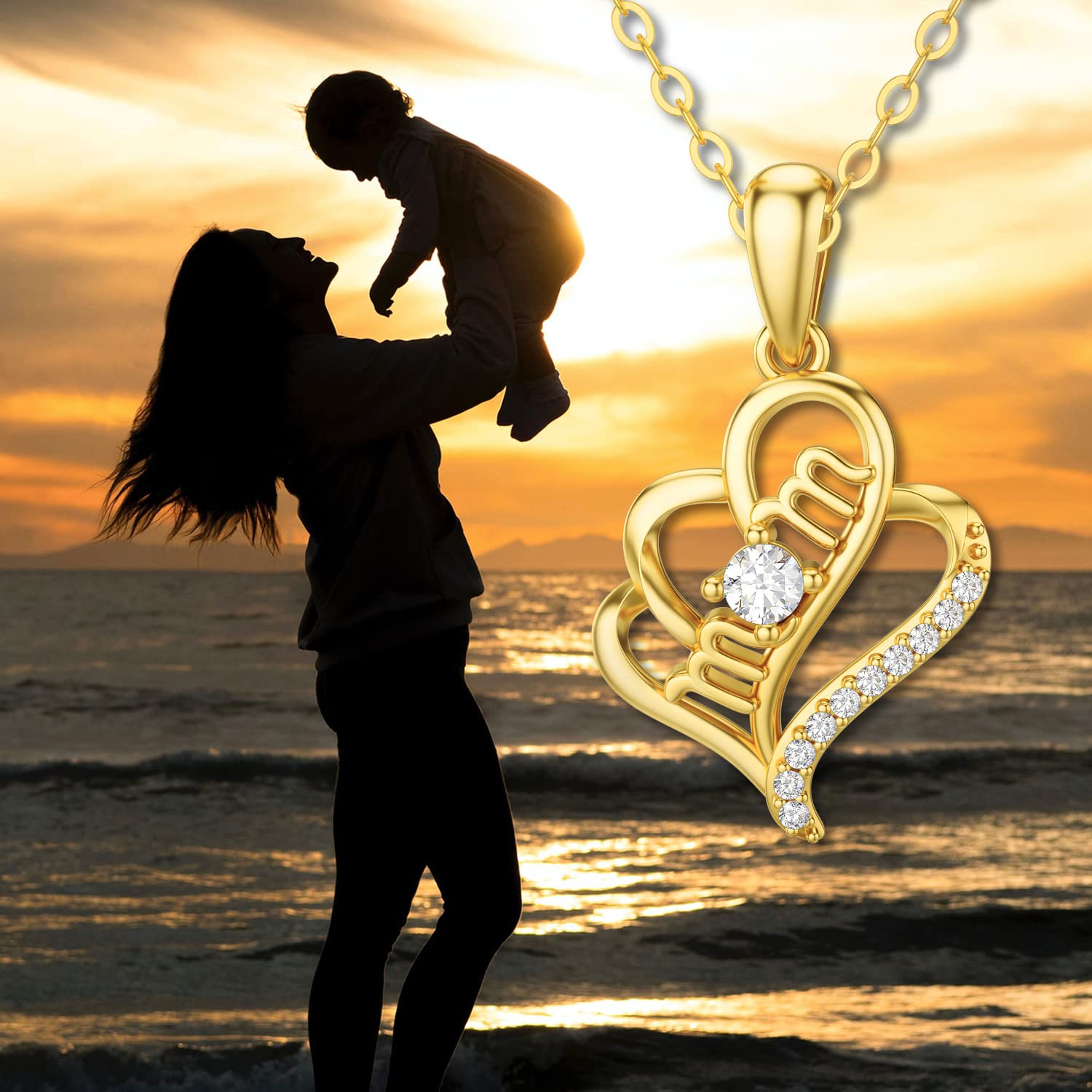 14K Real Gold Heart Necklace for Women - I Love You Mom Pendant Jewelry Gift for Mother's Day, Wife, Grandma | 16+1+1 Inch Yellow Gold Chain | Perfect for Birthday, Anniversary & Special Occasions