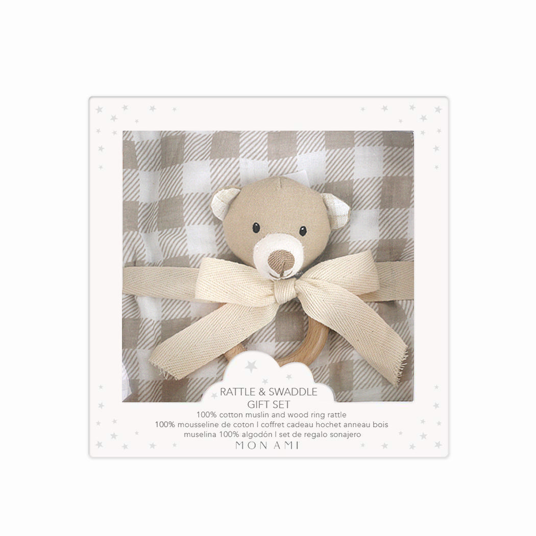 Adorable Gingham Bear Baby Swaddle Blanket & Rattle Gift Set - Perfect for Newborn Showers, Christenings and First Birthday Presents