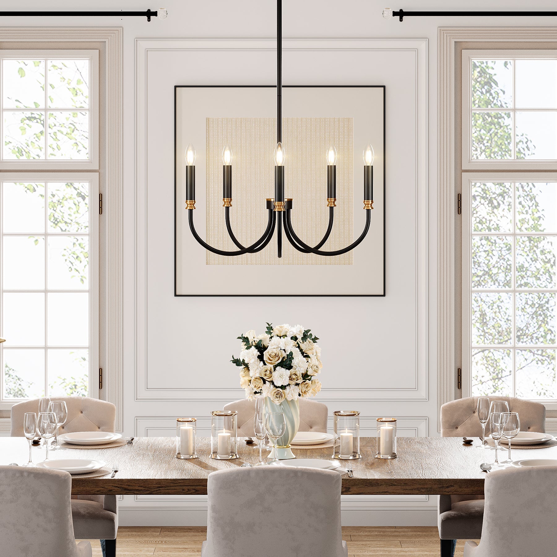 5-Light Modern Chandelier - Elegant Candle Style Hanging Pendant Light Fixture for Dining Room, Bedroom or Living Room Decor