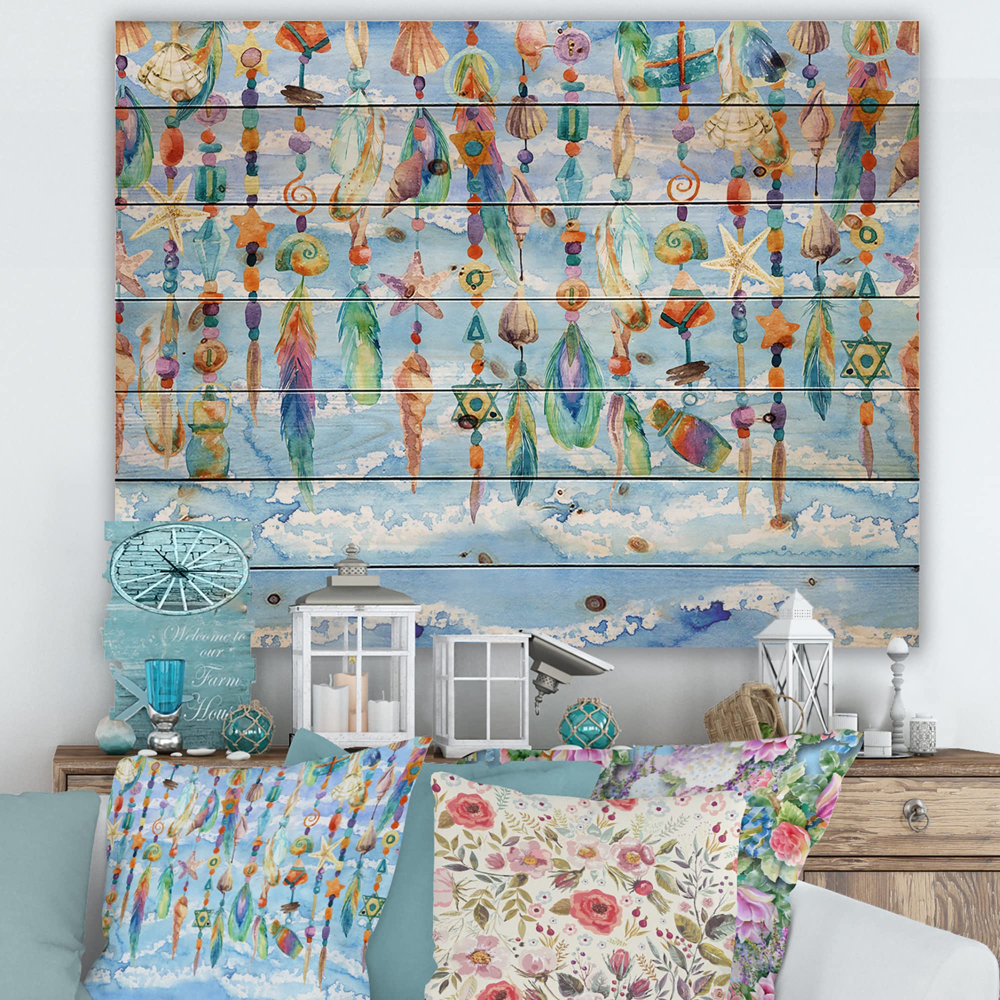 Handmade Sea Shell & Bead Wood Wall Art - Blue Coastal Decor, Large Beach-Themed Pine Wood Panel - Perfect for Living Room, Bedroom & Beach House Decor