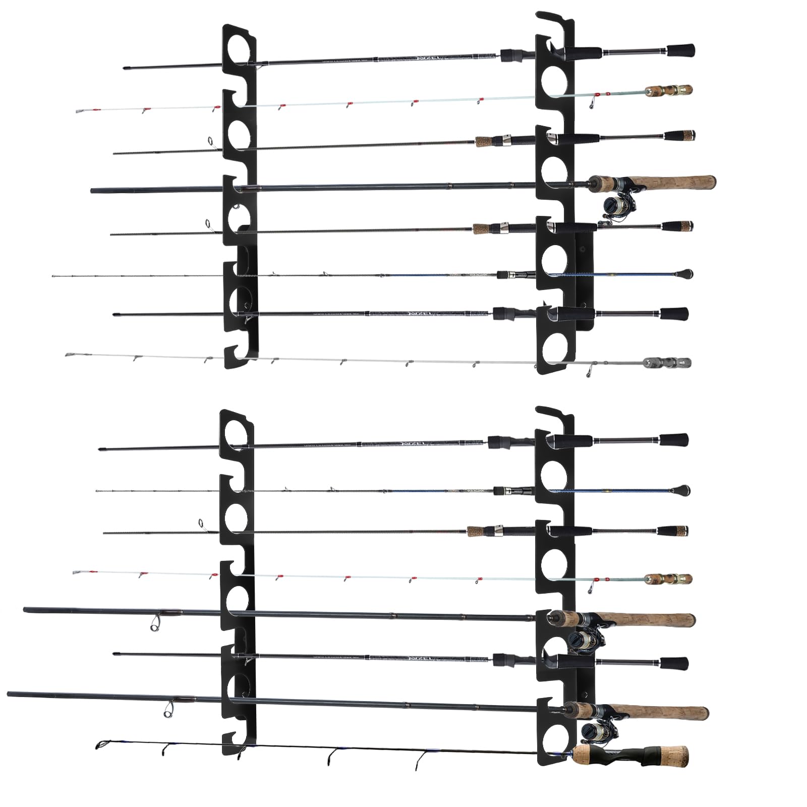 4-Set Wall Mount Fishing Rod Holder Rack - Holds 16 Rods, Horizontal Garage Storage for Fishing Gear, Ice Fishing Equipment - Perfect Gift for Anglers & Men (Black) | Ideal for Garage Organization, Boat Storage & Fishing Enthusiasts