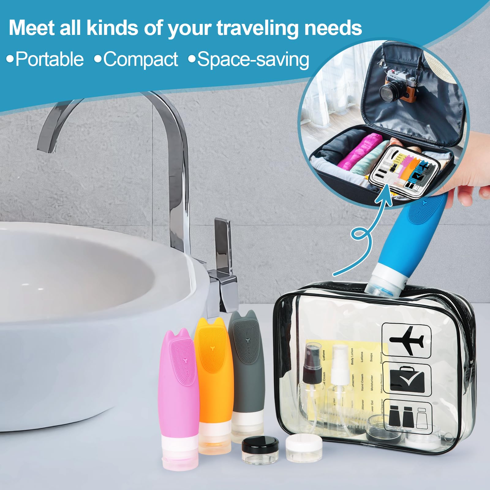 16-Piece TSA Approved Leak-Proof Silicone Travel Bottles Set (3oz) - Refillable Toiletry Containers for Shampoo, Conditioner & Cosmetics with Free Travel Pouch - Perfect for Air Travel, Gym & Vacation Essentials