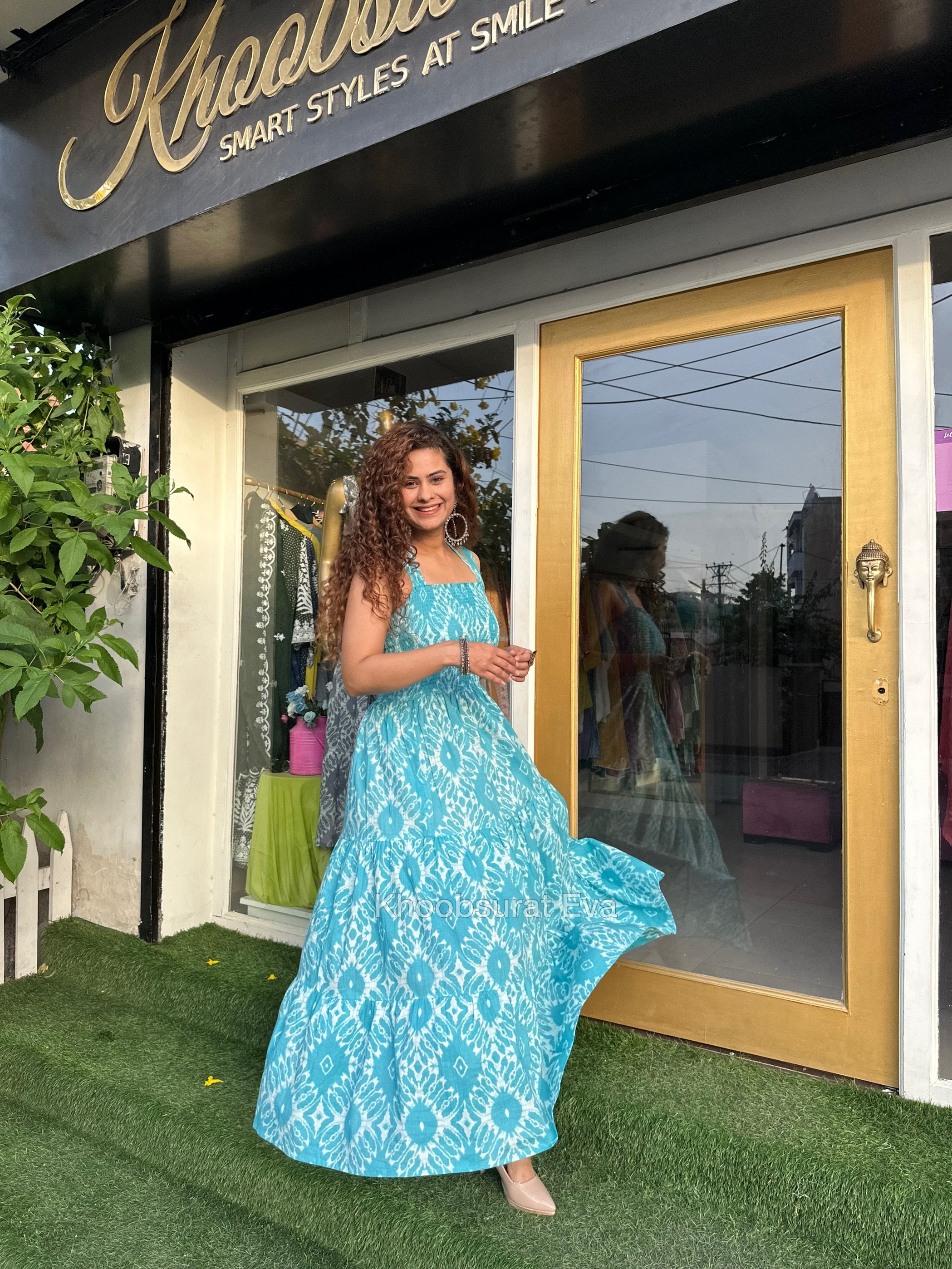 Blue Cotton Tiered Maxi Dress for Women - Flowy Boho Summer Dress with Pockets - Perfect for Beach, Vacation, and Casual Outings