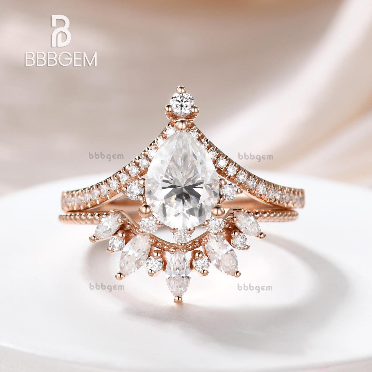 Vintage Pear Moissanite Ring Set - Diamond Curve Shaped Wedding Band - Royal Crown Fashion Jewelry for Engagement, Anniversary & Special Occasions