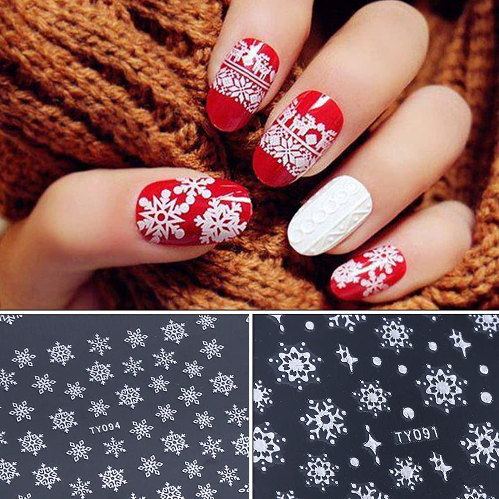 12 Sheets Snowflake Nail Art Stickers - 3D Self-Adhesive Christmas Nail Decals for Women & Girls - Winter Holiday Nail Designs - Perfect for Christmas Parties, Festive Nail Decorations, and Seasonal Manicures (White)