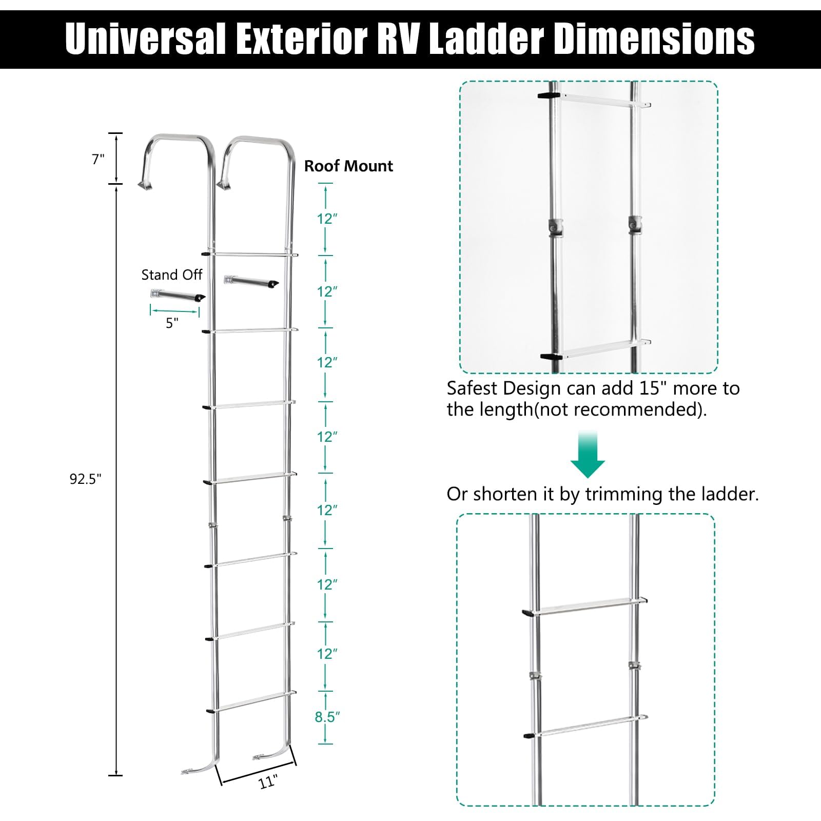 Universal 7.6FT-8.4FT Aluminum RV Ladder for Travel Trailers & Straight Vans - 250lbs Weight Capacity - Durable Exterior Ladder for Camping, Roof Access & Emergency Use