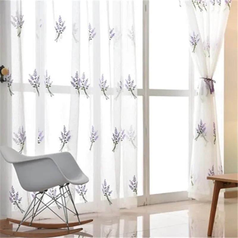 Mila Lavender Floral Embroidery Sheer Curtains - White & Purple Window Drapes for Living Room, Bedroom & Nursery Decor