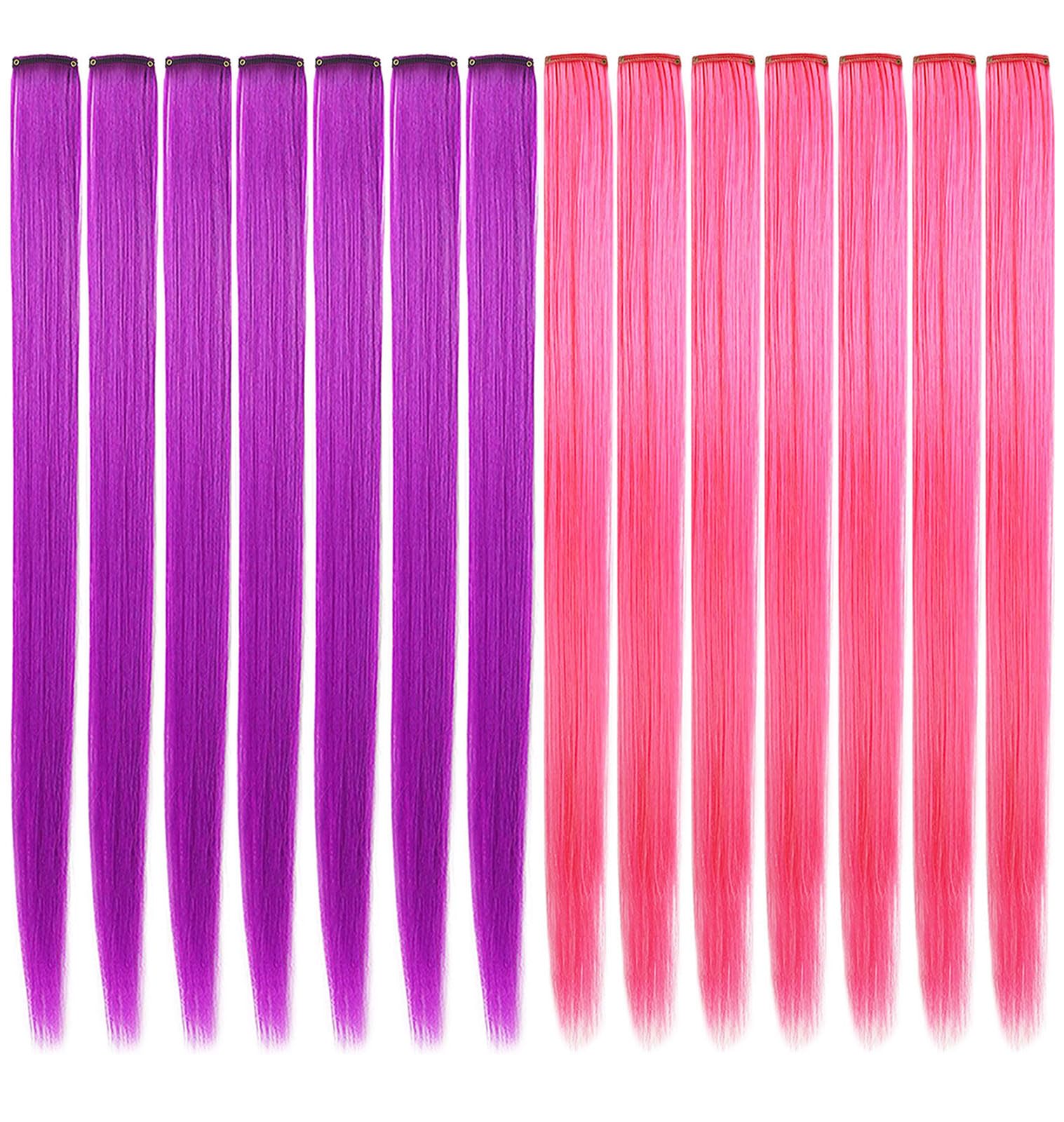 16 PCS Purple & Pink Clip-in Hair Extensions - Synthetic Straight Hairpieces for Women & Girls | Daily, Party & Halloween Styling | Colorful Hair Highlights for Any Occasion