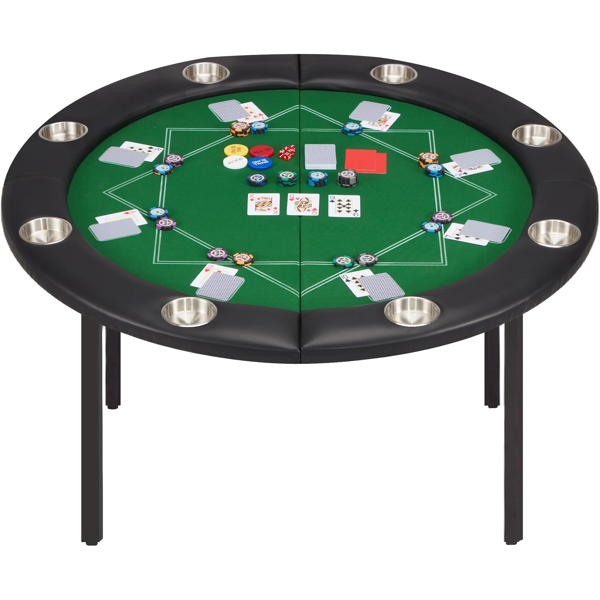 ECOTOUGE 8-Player Foldable Poker Table - Round Casino Style Texas Hold'em Table with Stainless Steel Cup Holders & Faux Leather Padded Rails - Portable Folding Card Game Table for Home, Parties and Casino Nights (Green)