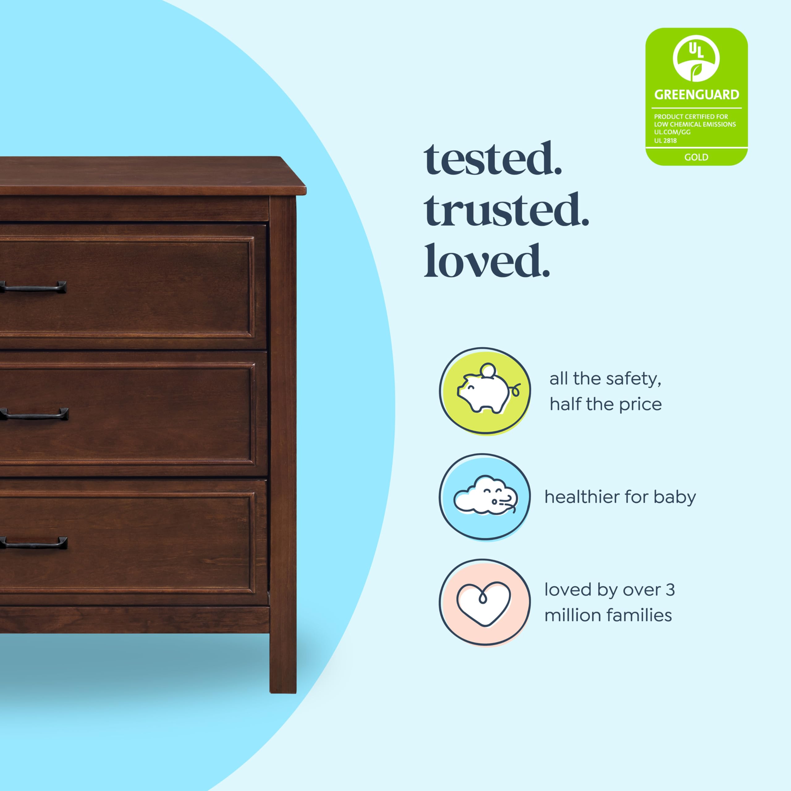DaVinci Charlie 3 Drawer Dresser - GREENGUARD Gold Certified Compact Wooden Chest for Nursery, Bedroom & Living Room - Nightstand & Storage Cabinet with Easy Assembly in Espresso Finish - Perfect for Baby Rooms, Small Spaces & Closet Organization