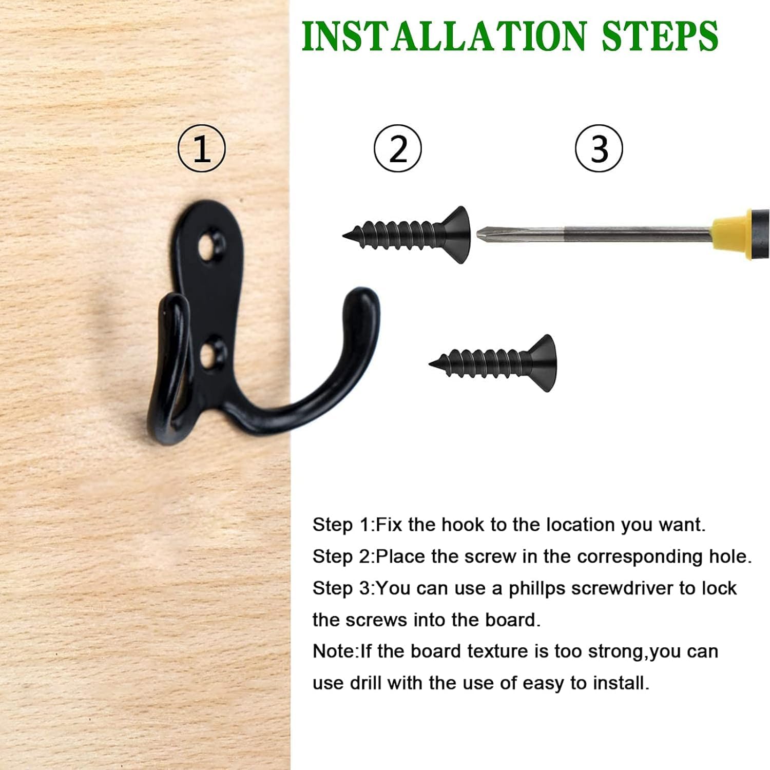 12 Pack Double Wall Hooks - Vintage Metal Coat Hooks with 48 Screws - Heavy Duty Retro Hooks for Bathroom, Kitchen, Closet & Entryway Organization (Black)