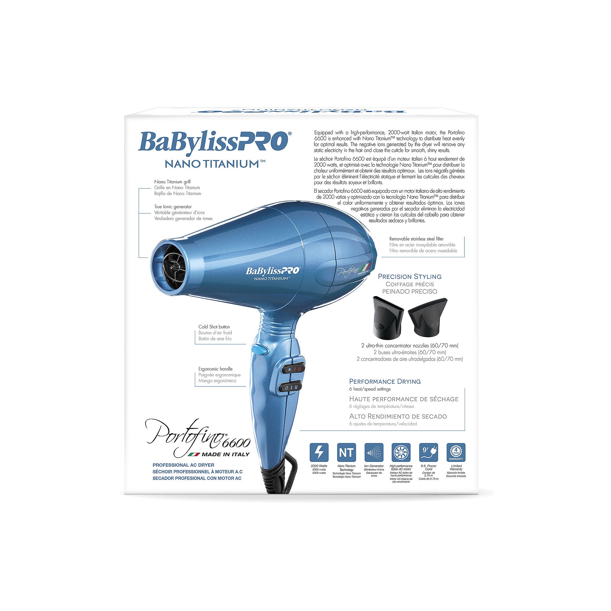 Babyliss Pro Nano Titanium Portofino Hair Dryer - Professional Salon Blow Dryer for Fast Drying & Frizz Control - Perfect for Home & Salon Use (Blue)
