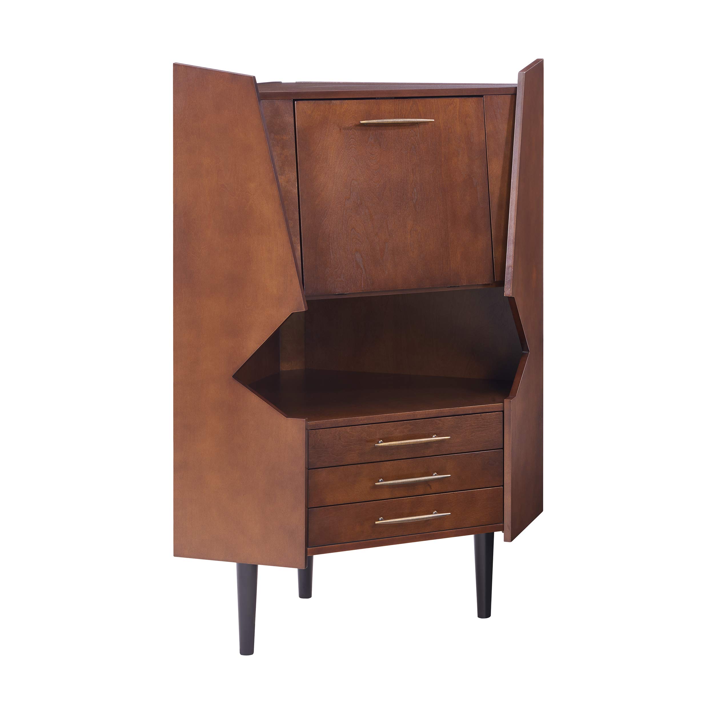 Larson Corner Storage Bar Cabinet - Brown Wooden Cabinet with Shelves & Doors for Living Room, Dining Room, or Home Bar - Space-Saving Furniture for Small Spaces