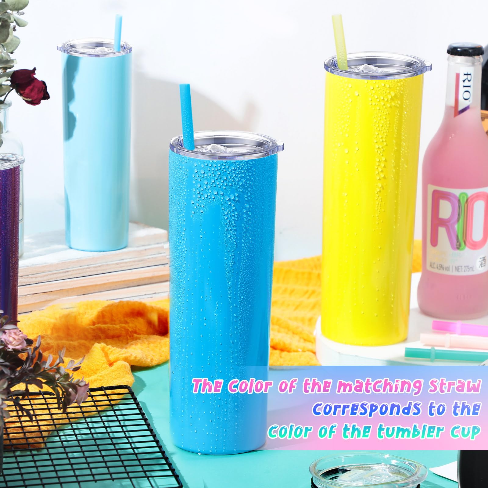 16 Pack 20 oz Skinny Stainless Steel Tumblers with Straws & Lids - Double Wall Vacuum Insulated Slim Travel Mug for Hot & Cold Drinks - 16 Solid Colors - Perfect for Coffee, Tea, Water & On-the-Go Use