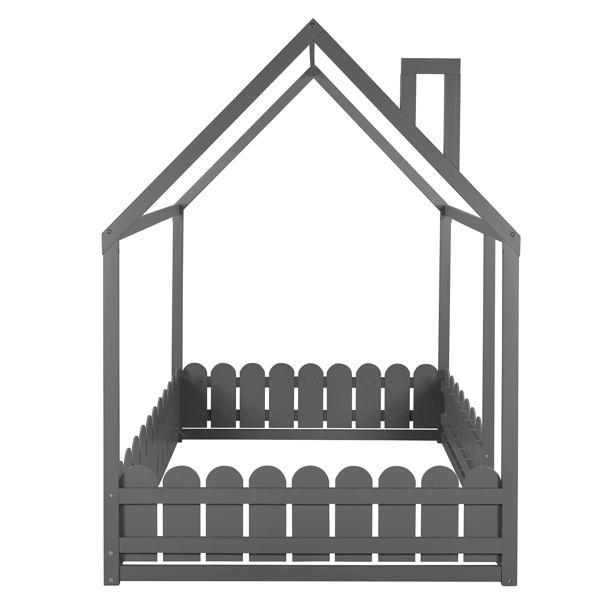 **Quarte House Full Size Wood Floor Bed Frame for Kids - Sturdy Cabin Bed with Roof & Fence, High Weight Capacity, Gray - Perfect for Playrooms, Bedrooms & Montessori Spaces**