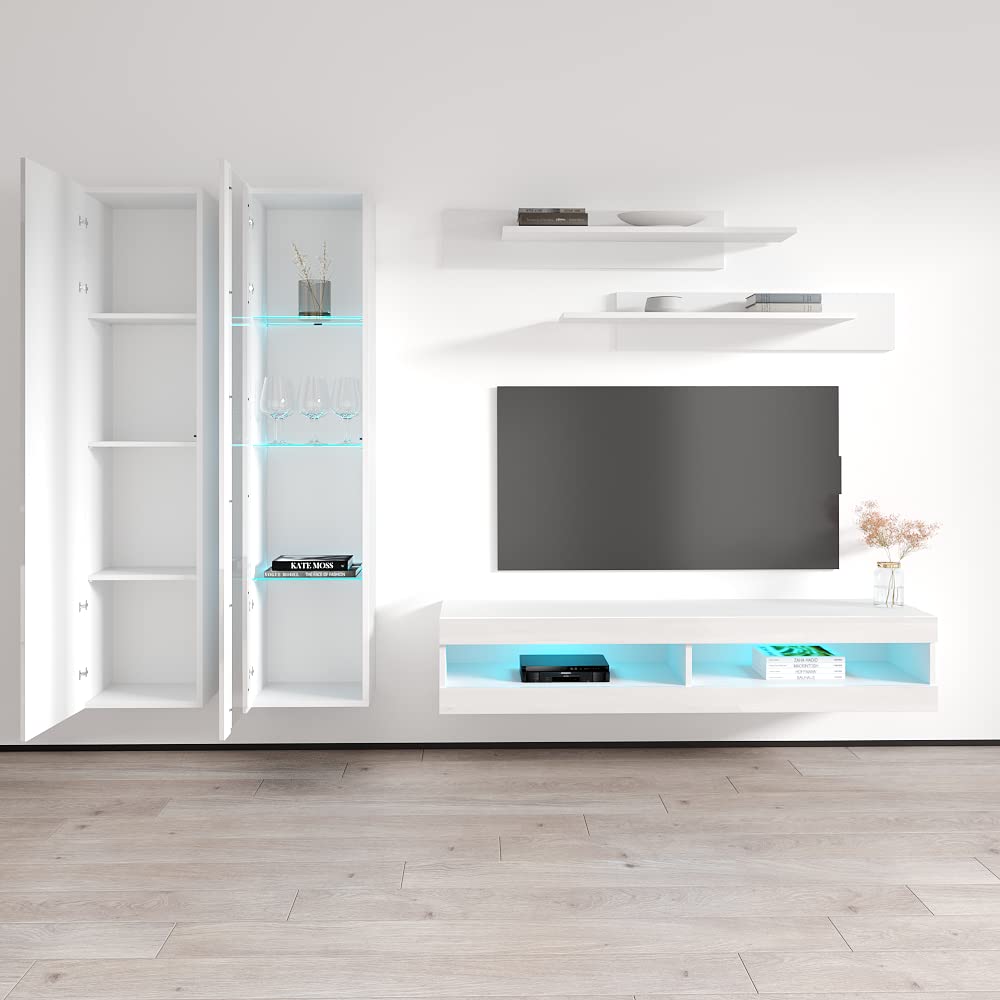 Modern White Wall-Mounted TV Stand with Storage Shelves & LED Lights - Floating Entertainment Center Console for Bedroom & Living Room - Perfect for Small Spaces & Home Theater Setup - Meble Furniture Fly A4 34TV Stand