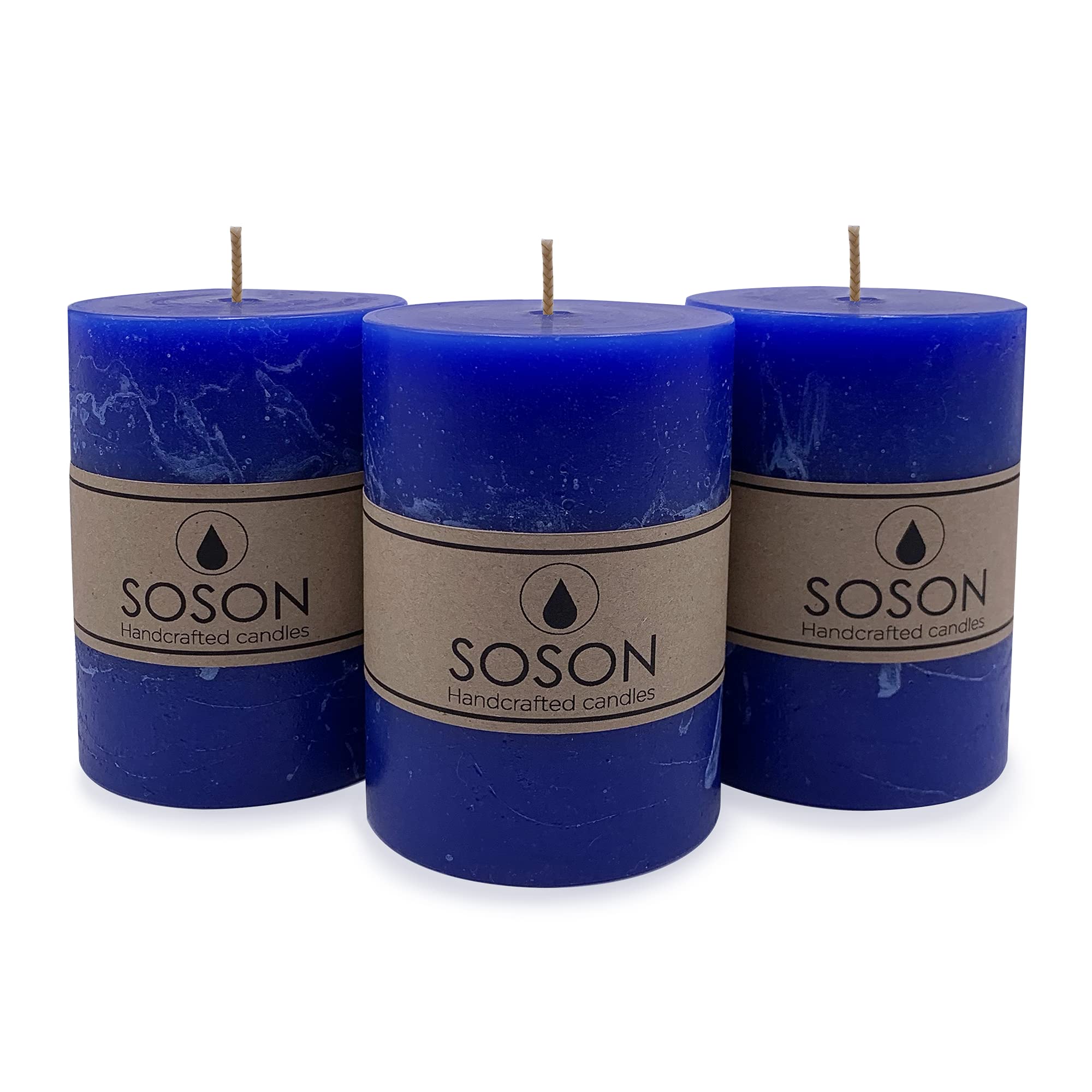Simply Soson Rustic 3x4 Classic Blue Pillar Candles Set of 3 - Unscented Decorative Candles for Candle Holders - Large Blue Colored Candles for Fall Decor, Weddings, and Home Ambiance