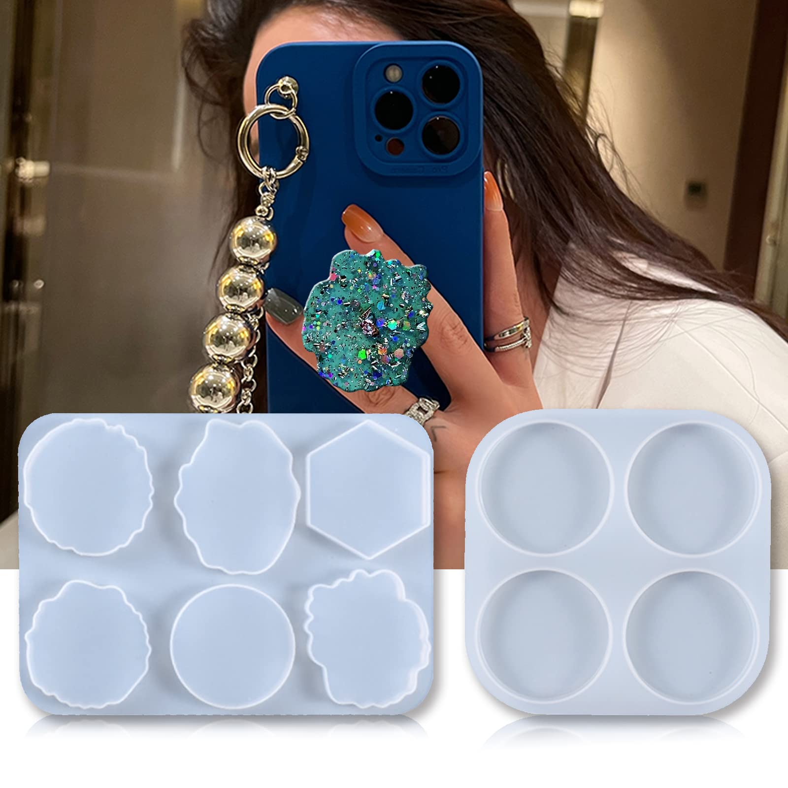 2 Pcs Phone Grip Resin Mold with 20 Pcs Blank Phone Socket Holders - DIY Epoxy Casting Kit for Phone Stand, Finger Grip & Holder - Perfect for Crafting Custom Phone Accessories at Home or Gifts