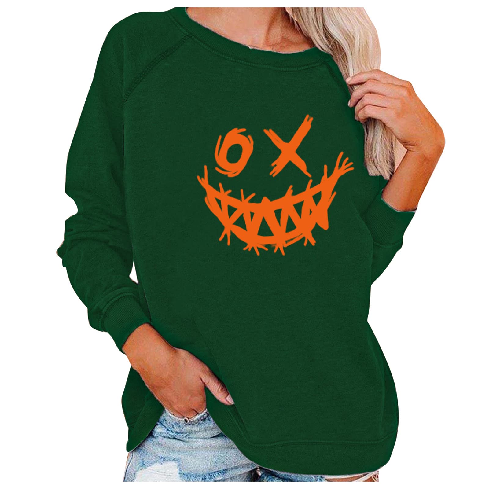 Women's Halloween Pumpkin Print Long Sleeve Sweatshirt - Lightweight Casual Pullover Top for Fall & Spooky Season - Perfect for Halloween Parties, Trick-or-Treating & Cozy Autumn Outfits