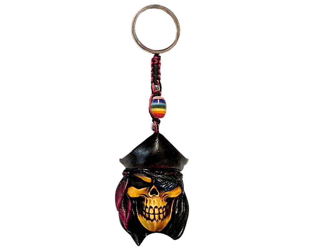 Pirate Skull Gothic 3D Figurine Keychain - Handmade Boho Macrame Key Ring with Metal Accents for Car Keys, Bags & Backpacks | Unique Gothic Accessory Gift for Men & Women