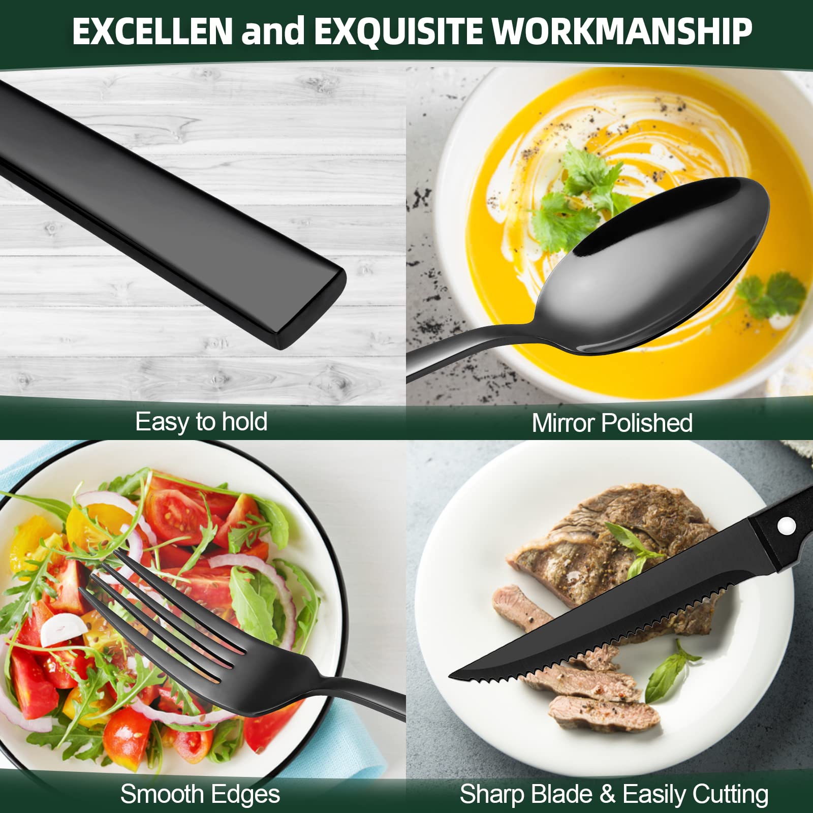 72-Piece Stainless Steel Flatware Set - Premium Black Silverware for Home & Restaurant Use, Heavy Duty Knife Fork Spoon Set with Steak Knives, Dishwasher Safe | Perfect for Dinner Parties, Weddings & Everyday Dining